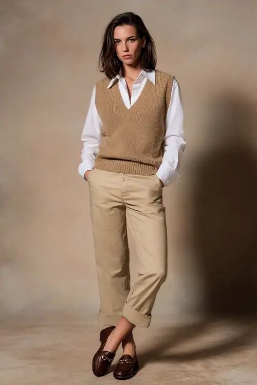 Woman in a button-down white shirt layered under a camel sweater vest, paired with beige cropped pants and brown loafers, posed in a soft-light background
