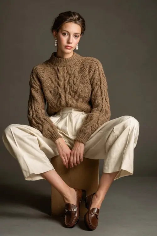 Woman in a camel knit sweater tucked into high-waisted cream wool trousers, brown loafers, and pearl earrings, posed full-body in a neutral studio background 