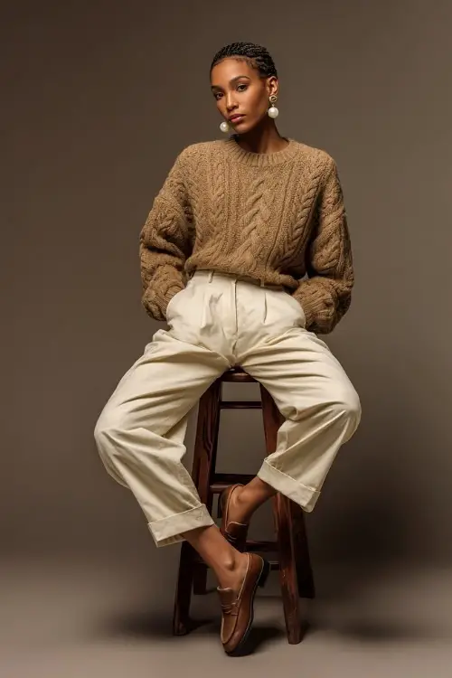 Woman in a camel knit sweater tucked into high-waisted cream wool trousers, brown loafers, and pearl earrings, posed full-body in a neutral studio background 