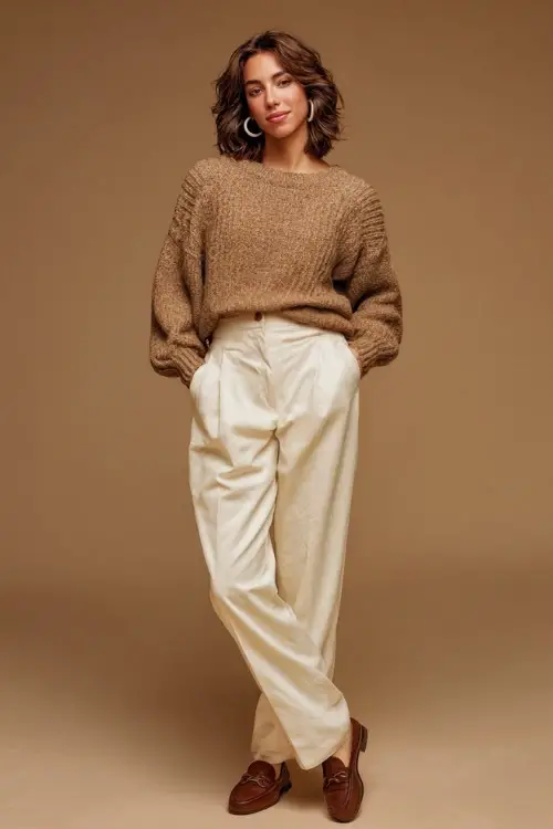 Woman in a camel knit sweater tucked into high-waisted cream wool trousers, brown loafers, and pearl earrings, posed full-body in a neutral studio background 