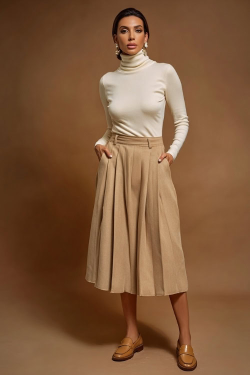 Woman in a camel pleated midi skirt with a tucked-in cream turtleneck, tan loafers, and pearl earrings, posed full-body in a warm-toned studio 