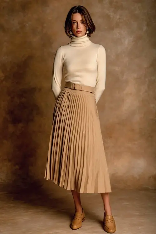 Woman in a camel pleated midi skirt with a tucked-in cream turtleneck, tan loafers, and pearl earrings, posed full-body in a warm-toned studio