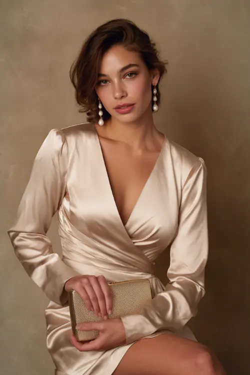 Woman in a champagne satin wrap dress with long sleeves and modest V-neckline, accessorized with pearl drop earrings and a box clutch, posed in a clean