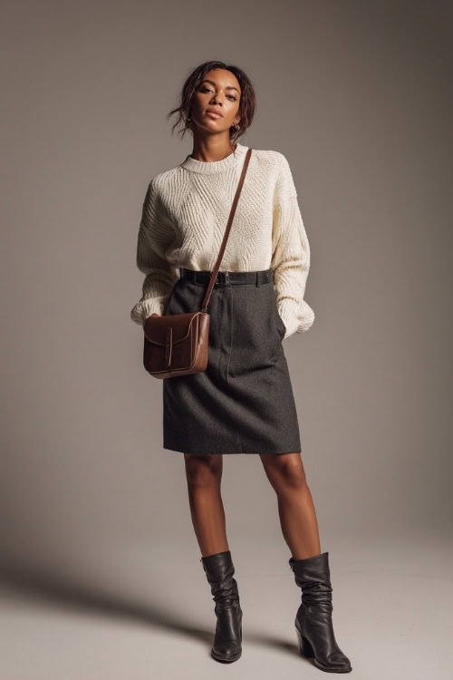 Woman in a charcoal gray wool skirt paired with a cream knit sweater and leather crossbody bag, standing full-body in a neutral background