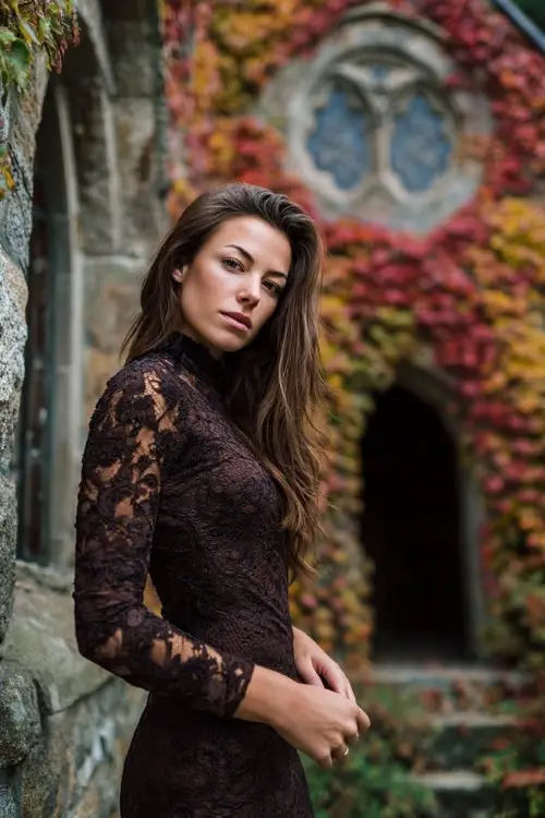 Woman in a chocolate lace dress with fitted silhouette and mesh long sleeves, standing in front of an old stone chapel covered in colorful fall vines 