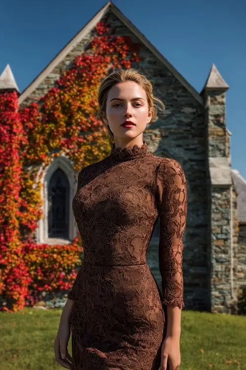 Woman in a chocolate lace dress with fitted silhouette and mesh long sleeves, standing in front of an old stone chapel covered in colorful fall vines 