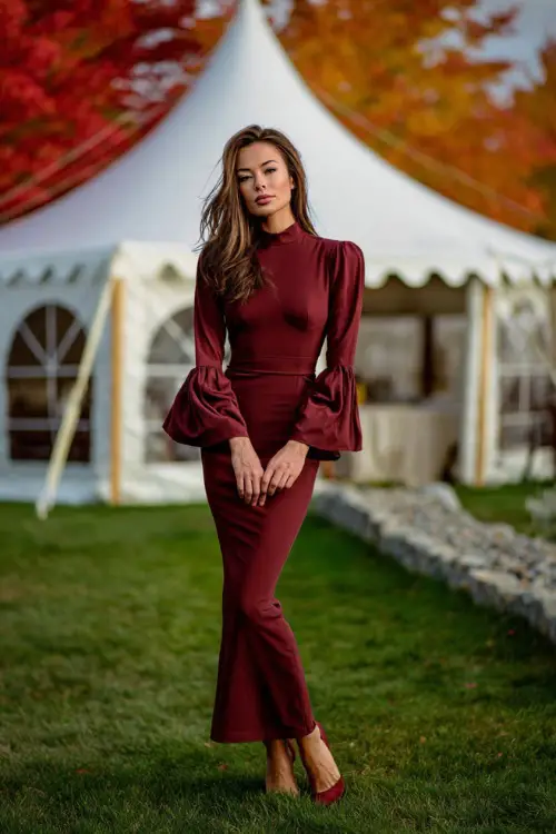Woman in a classic maroon sheath gown with bell sleeves and matching heels, posing near a white wedding tent surrounded by red and orange fall foliage