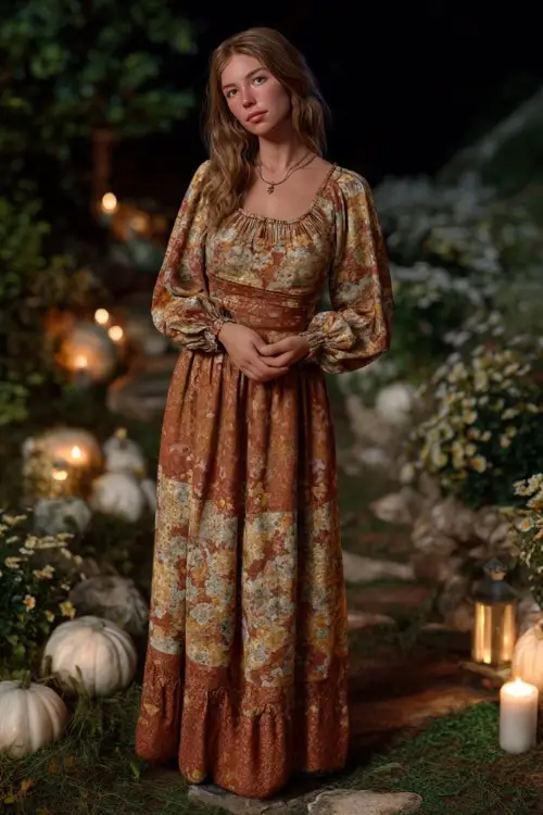 Woman in a copper floral print dress with long sleeves and flared skirt, standing near a candlelit path with white pumpkins and seasonal florals 