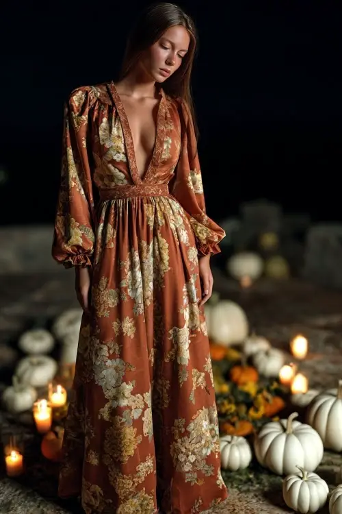 Woman in a copper floral print dress with long sleeves and flared skirt, standing near a candlelit path with white pumpkins and seasonal florals
