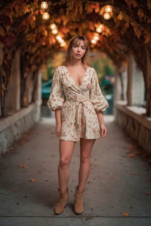 Woman in a cream floral wrap dress with elbow sleeves and tan booties, standing under an arch of hanging lights and early autumn leaves, full body visible 