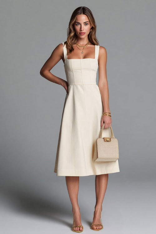 Woman in a cream sleeveless A-line dress with square neckline, accessorized with a structured top-handle bag, dainty gold jewelry, and slingbacks 