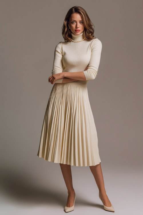 Woman in a cream-toned midi dress with high neckline, ¾ sleeves, and pleated skirt, accessorized with pearls and low heels, posed in a soft neutral studio