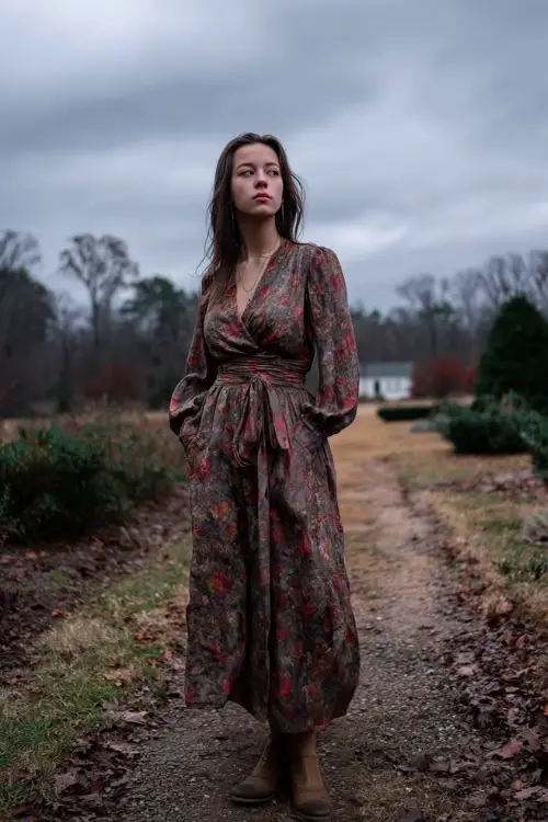 Woman in a dark floral print dress with long bishop sleeves, ankle-length hem, and a wrap bodice, standing on a leaf-covered path under a moody November sky 