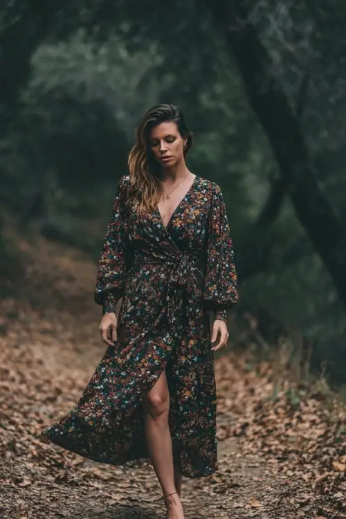 Woman in a dark floral print dress with long bishop sleeves, ankle-length hem, and a wrap bodice, standing on a leaf-covered path under a moody November sky 
