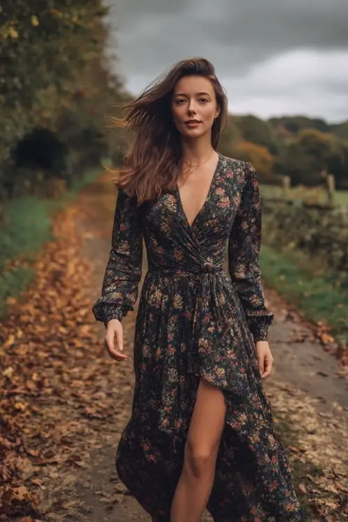 Woman in a dark floral print dress with long bishop sleeves, ankle-length hem, and a wrap bodice, standing on a leaf-covered path under a moody November sky 