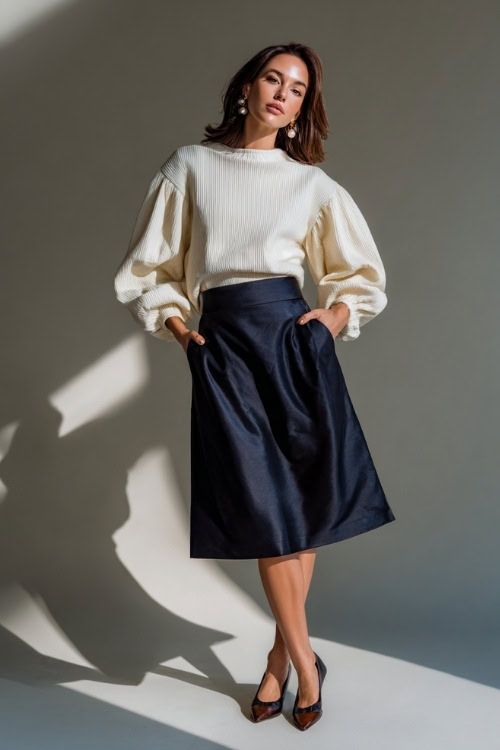 Woman in a dark navy midi skirt with a puff-sleeve ivory sweater and leather ballet flats, pearl earrings, standing in a light-toned background 