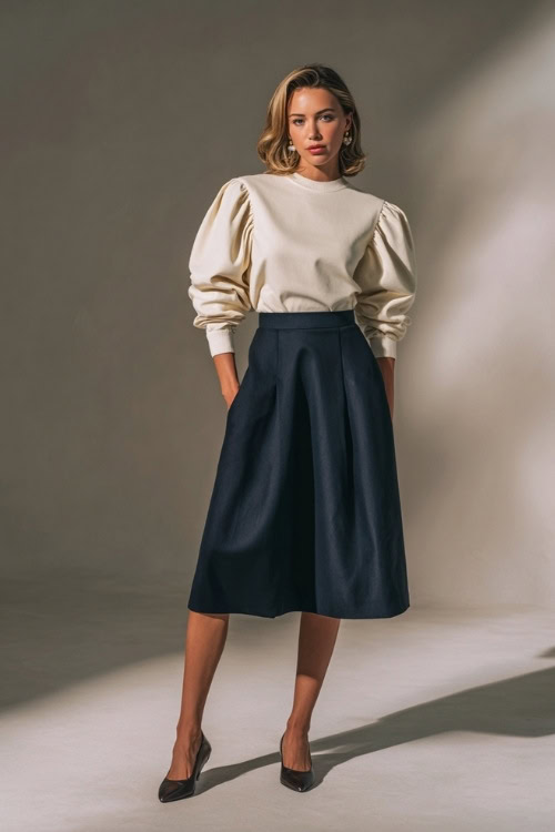 Woman in a dark navy midi skirt with a puff-sleeve ivory sweater and leather ballet flats, pearl earrings, standing in a light-toned background 