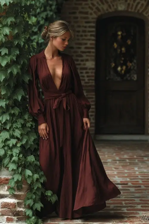 Woman in a dark rose dress with long sleeves and a flowy silhouette, posing at a wedding courtyard with brick walls and hanging ivy, full body visible 
