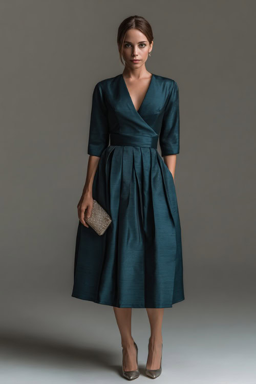 Woman in a dark teal evening dress with elbow-length sleeves, subtle shimmer, and pleated lower skirt, styled with a small metallic clutch and pearl studs