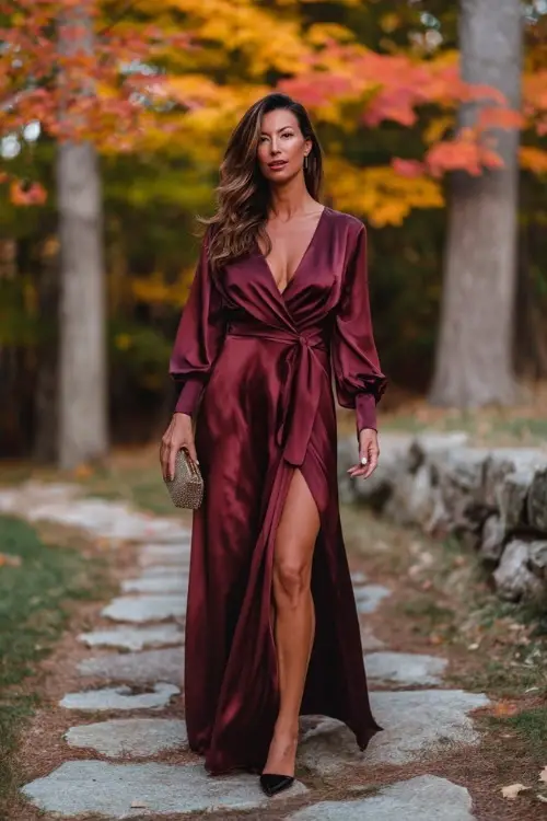 Woman in a deep burgundy satin maxi dress with long sleeves and high slit, holding a clutch and posing on a stone path surrounded by maple trees in peak fall color 