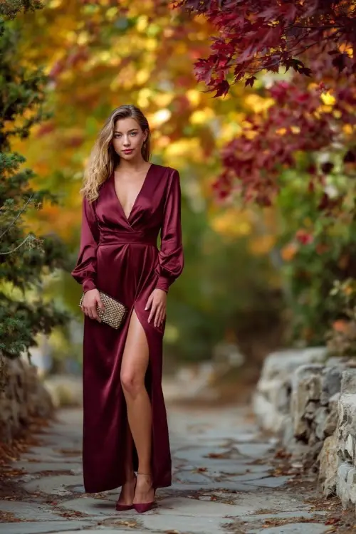 Woman in a deep burgundy satin maxi dress with long sleeves and high slit, holding a clutch and posing on a stone path surrounded by maple trees in peak fall color