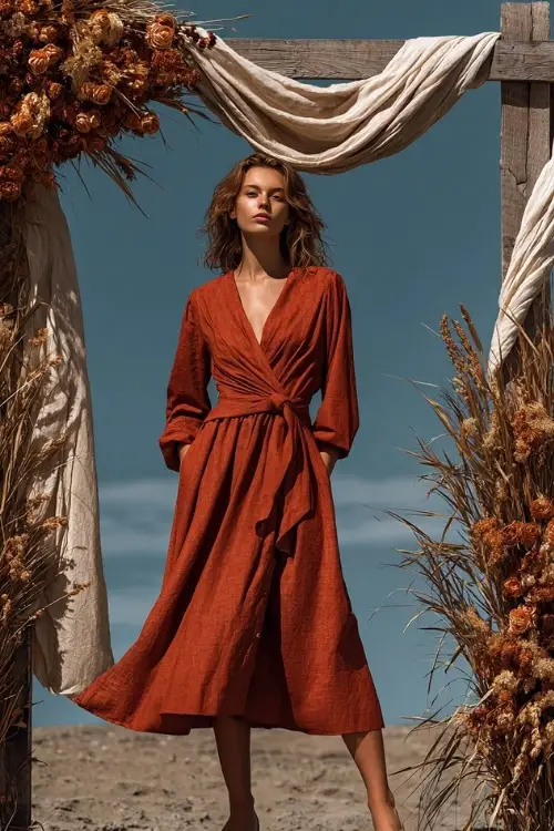 Woman in a deep terracotta long sleeve midi dress with a twist waist detail and flared skirt, standing beneath a wooden arch decorated with wheat, dried roses, and soft drapery