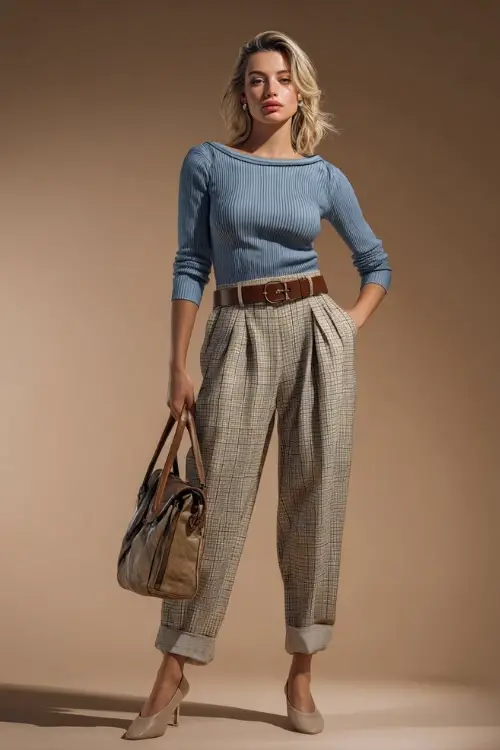 Woman in a dusty blue knit top with classic check trousers and a brown belt, styled with simple flats and a vintage shoulder bag, posed full-body in a clean background 