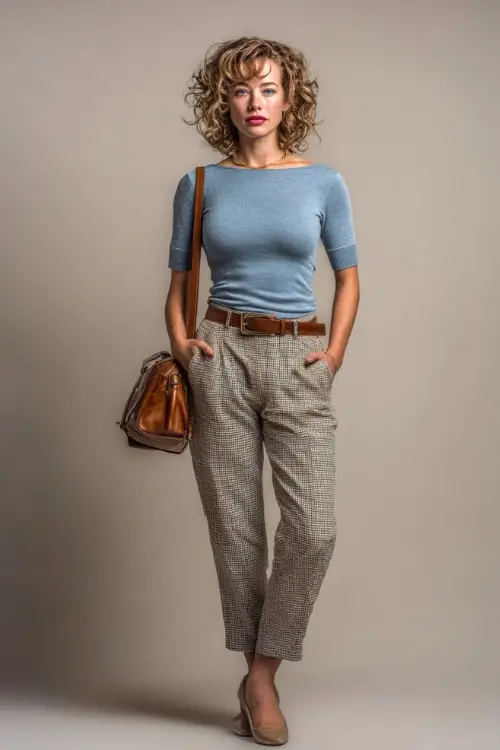 Woman in a dusty blue knit top with classic check trousers and a brown belt, styled with simple flats and a vintage shoulder bag, posed full-body in a clean background