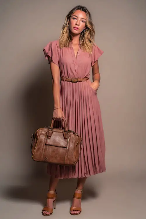 Woman in a dusty rose midi dress with a pleated skirt and short flutter sleeves, holding a structured handbag and wearing tan sandals, posed in studio 