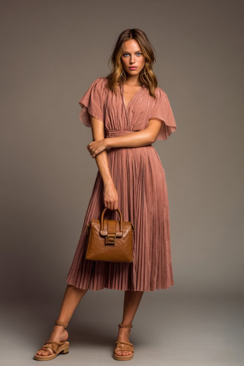Woman in a dusty rose midi dress with a pleated skirt and short flutter sleeves, holding a structured handbag and wearing tan sandals, posed in studio