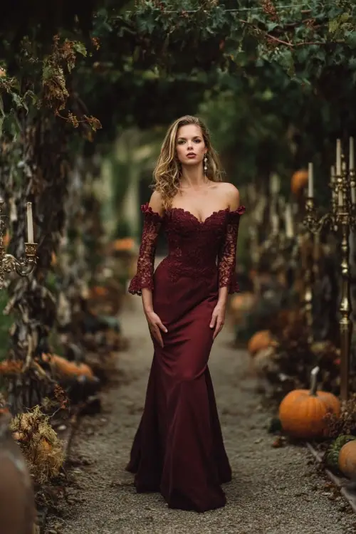 Woman in a fitted burgundy gown with long lace sleeves and off-shoulder neckline, standing at the end of a pathway lined with pumpkins, dried leaves 
