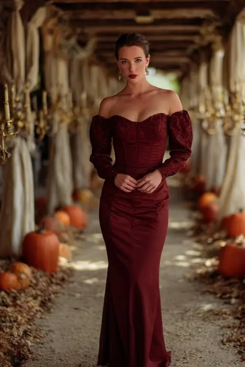 Woman in a fitted burgundy gown with long lace sleeves and off-shoulder neckline, standing at the end of a pathway lined with pumpkins, dried leaves