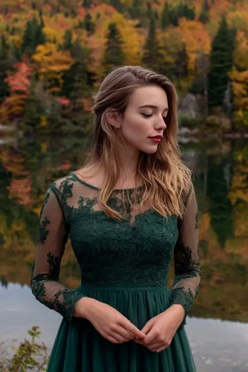 Woman in a forest green midi dress with lace overlay and long sheer sleeves, standing at a lakeside wedding with fall foliage reflections, full body visible 