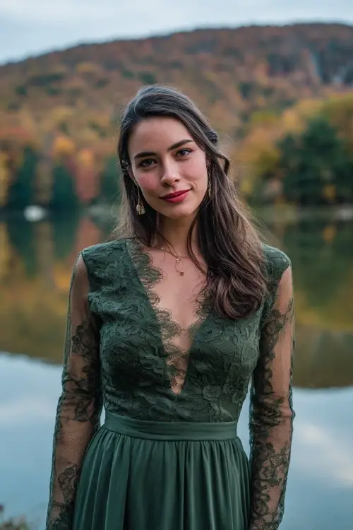 Woman in a forest green midi dress with lace overlay and long sheer sleeves, standing at a lakeside wedding with fall foliage reflections