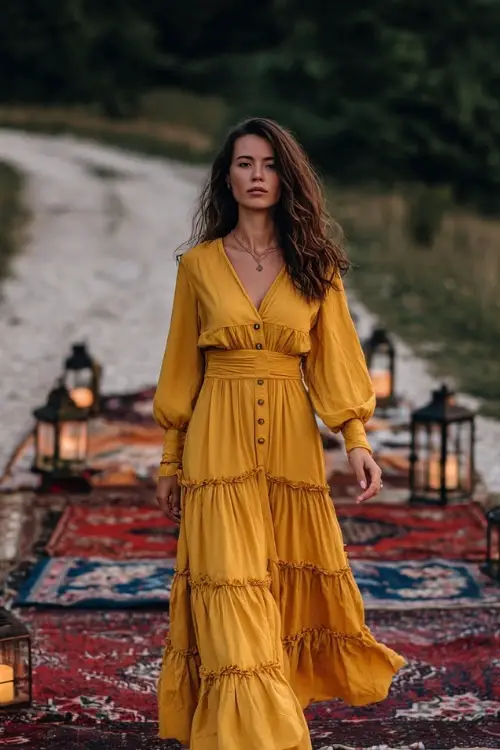 Woman in a golden mustard long sleeve maxi dress with button detailing and ruffled hem, walking on a gravel path lined with vintage rugs and antique lanterns 
