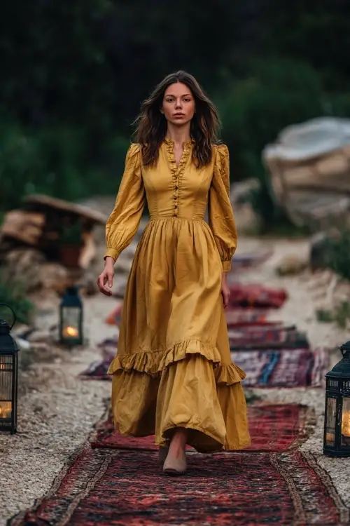 Woman in a golden mustard long sleeve maxi dress with button detailing and ruffled hem, walking on a gravel path lined with vintage rugs and antique lanterns 