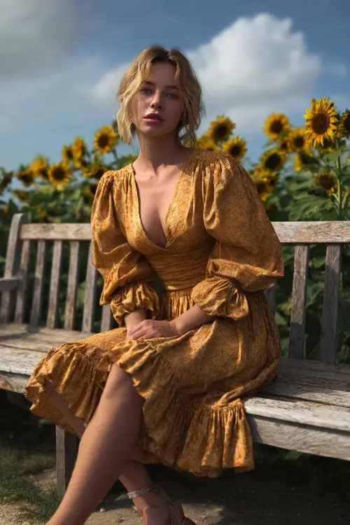 Woman in a goldenrod wrap dress with puff sleeves and ruffle trim, standing beside wooden benches and tall sunflowers at a countryside wedding