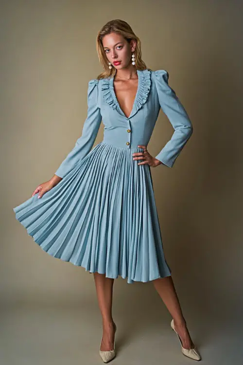 Woman in a light blue pleated dress with subtle ruffles at the sleeve and neckline, paired with vintage-inspired heels and pearl earrings, posed in a neutral-toned studio