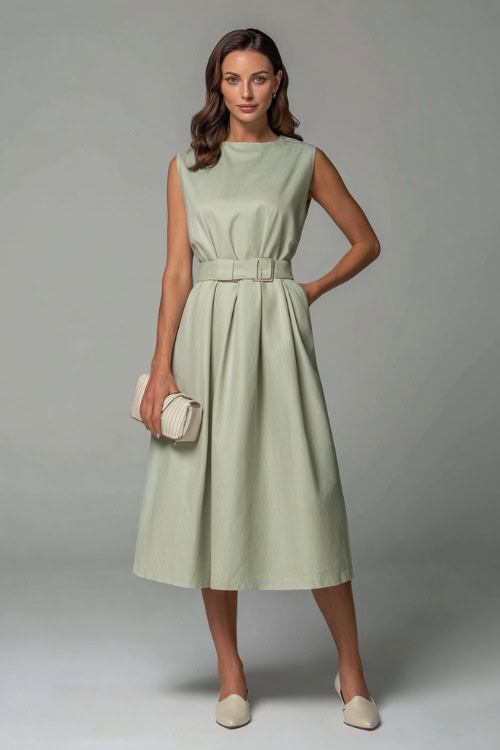 Woman in a light sage green midi dress with boat neckline and belted waist, holding a small vintage-inspired purse and wearing ivory loafers, full-body pose in a clean studio background