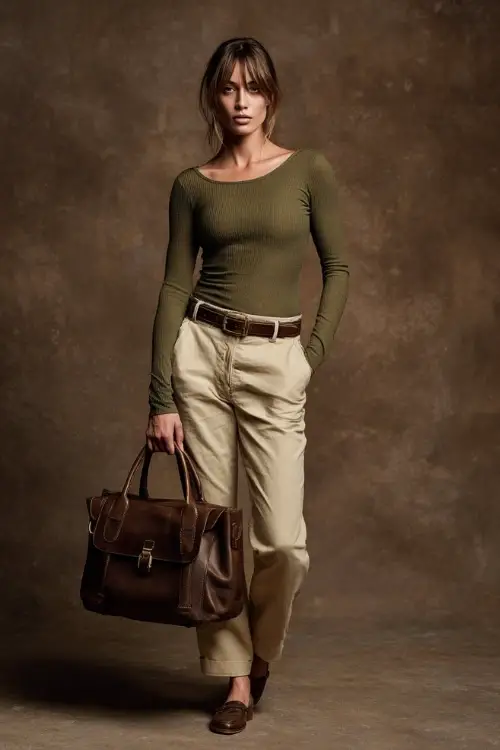 Woman in a long-sleeve olive green knit top tucked into beige trousers with a brown belt, leather satchel and loafers, fall-toned studio background 
