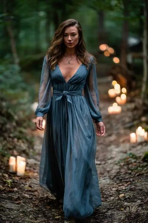 Woman in a long sleeve slate blue chiffon gown with a sheer overlay and tie waist, walking through a forest path lined with leaves and candles, full body visible 