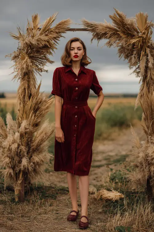 Woman in a maroon corduroy button-down dress with short sleeves and loafers, standing near a simple fall wedding arch made of dried grasses