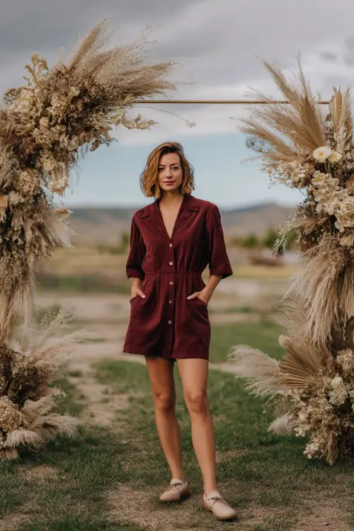 Woman in a maroon corduroy button-down dress with short sleeves and loafers, standing near a simple fall wedding arch made of dried grasses