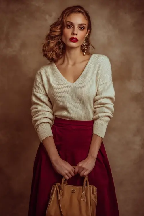 Woman in a maroon midi skirt and cream V-neck sweater, accessorized with a structured tan bag and vintage earrings, posed in a soft fall-inspired studio