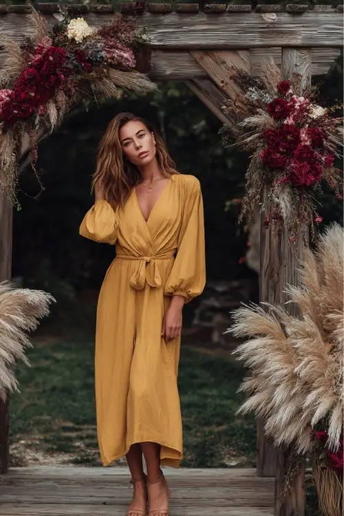 Woman in a mustard yellow midi-length dress with long cuffed sleeves and wrap waist, standing in front of a wooden arch decorated with pampas grass and burgundy florals 