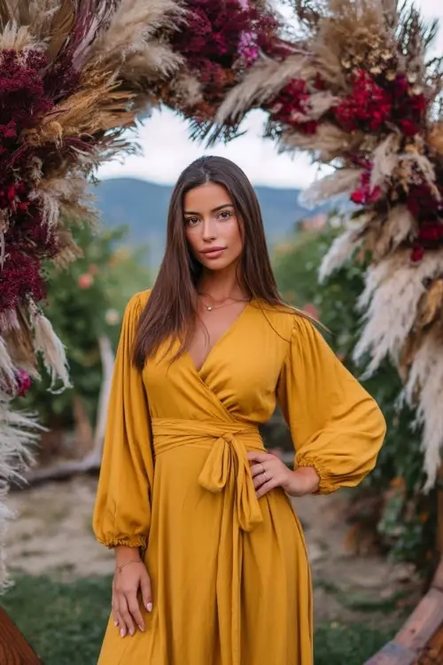 Woman in a mustard yellow midi-length dress with long cuffed sleeves and wrap waist, standing in front of a wooden arch decorated with pampas grass and burgundy florals 