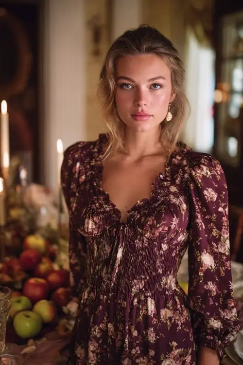 Woman in a navy and wine floral midi dress with smocked bodice and ruffle sleeves, posing beside a vintage fall wedding table with apple centerpieces and soft candles