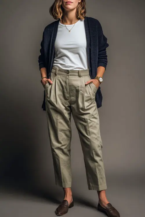 Woman in a navy cardigan draped over her shoulders with a tucked-in white tee and pleated khaki trousers, accessorized with flats and a vintage watch 