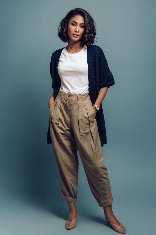 Woman in a navy cardigan draped over her shoulders with a tucked-in white tee and pleated khaki trousers, accessorized with flats and a vintage watch