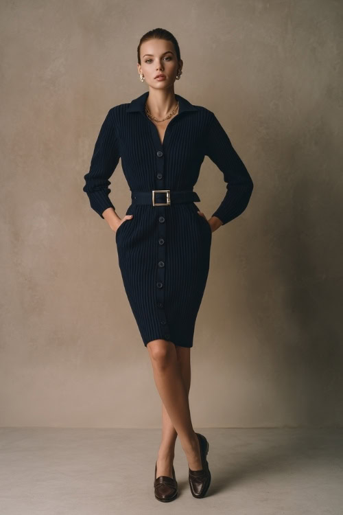 Woman in a navy knit dress with long sleeves and a belt at the waist, styled with loafers and pearl earrings, posed in a light-toned studio